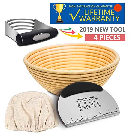 9 Inch Banneton Proofing Basket, KYONANO Proofing Basket with Linen Liner Cloth, Bread Proofing Basket with Dough Scraper, Dough Blender|Essential Tool KIt for Sourdough Bread