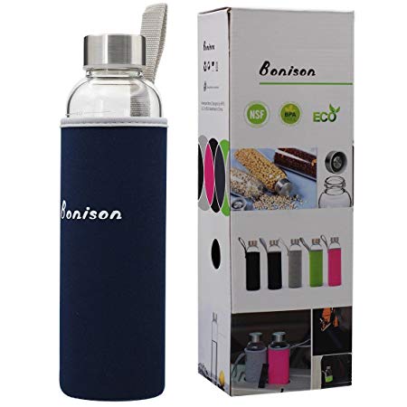 Bonison Stylish Environmental Borosilicate Glass Water Bottle with Colorful Nylon Sleeve