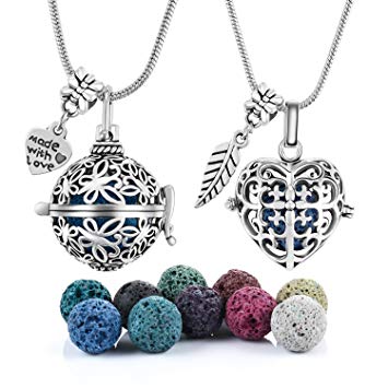2 PCS Antique Silver Aromatherapy Essential Oil Diffuser Locket Necklace Pendant, Round / Heart Cage Locket Bulk with 10 Lava Stone Rock Beads Balls Set for Necklace Jewelry