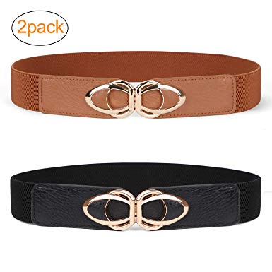 JASGOOD 2 Pack Women Retro Elastic Stretchy Metal Buckle Skinny Waist Cinch Belt 1Inch Wide