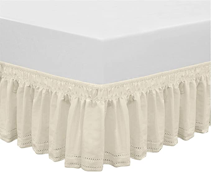 QSY Home Wrap Around Elastic Eyelet Bed Skirts 18 Inches Drop Dust Ruffle Three Fabric Sides Easy On/Easy Off Adjustable Polyester Cotton (Ivory Twin/Full)