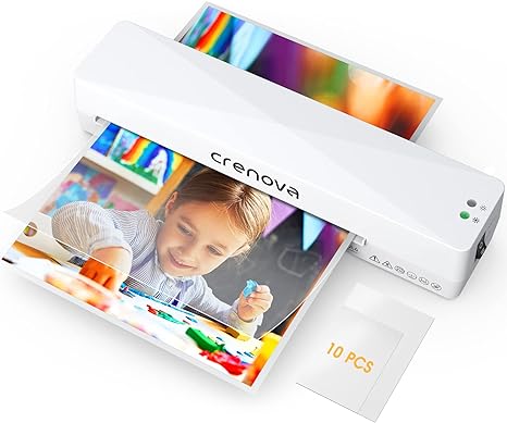 Crenova A4 Laminator, Thermal Laminator Machine for Hot and Cold Settings with 10 Laminating Pouches No Bubbles for School Home Use (White)