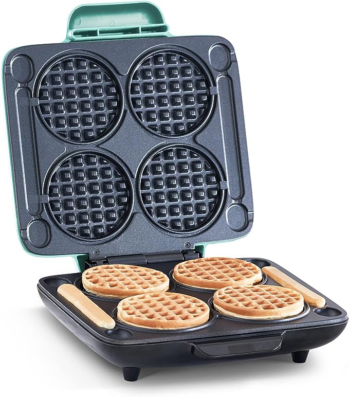 DASH Multi Mini Waffle Maker: Four Mini Waffles, Perfect for Families and Individuals, 4 Inch Dual Non-stick Surfaces with Quick Release & Easy Clean - Aqua