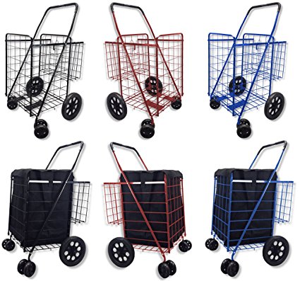 Folding Shopping Cart DOUBLE BASKET SWIVEL Wheel Jumbo 360 Easy Rotation WITH FREE LINER AND CARGO NET by SCF (BLACK WITH BLUE LINER)