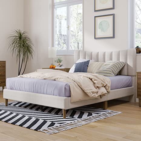 SOFTSEA Full Size Upholstered Bed Frame, Modern Linen Platform Bed with Tufted Headboard, Strong Wood Slat Support, No Box Spring Needed (Cream, Full)
