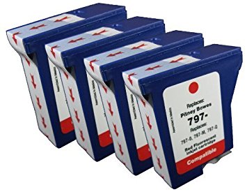 4pk of Compatible Pitney Bowes 797-0 797-M 797-Q Postage Meter ink for use in Pitney Bowes MailStation, K700, K7M0, MailStation 2 machines-red fluorescent
