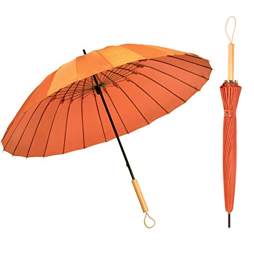 Kung Fu Smith Janpanese Parasol Rain Umbrella - Large Windproof and Ultra Light - Orange and Wood Handle