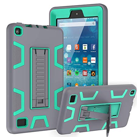 TOPSKY Case Compatible with All-New Amazon Kindle Fire 7 Tablet(9th/7th Generation,2019/2017 Release),Shockproof Rugged Hybrid Armor High Impact Resistant Prtective Case with Kickstand, Grey Green