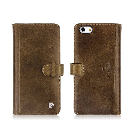 Pierre Cardin Premium Genuine Distressed Leather Flip Folio Stand Wallet Case with Money Credit Card Holders For iPhone 6 Plus/6S Plus 5.5 Inch Brown