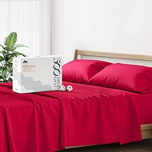 Mayfair Linen 100% Cotton Sheets for Queen Size Bed - Luxury 500 Thread Count Queen Sheet Set, 4 Piece Sateen Weave Queen Red Cotton Sheets, Ultra Soft Deep Pocket Cooling Sheets Queen Size