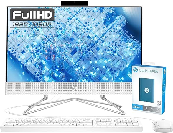 HP All-in-One Desktop Computer, 21.5" 1080P FHD Display, 16GB RAM, 1TB SSD, Intel Duel Core Celeron Processor, Webcam, WiFi, HDMI, Wired Keyboard&Mouse, P500 Portable SSD, Windows 11