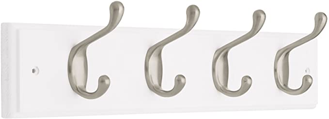Liberty Hardware 129849 18-Inch Coat and Hat Rail with 4 Heavy Duty Hooks, White and Satin Nickel