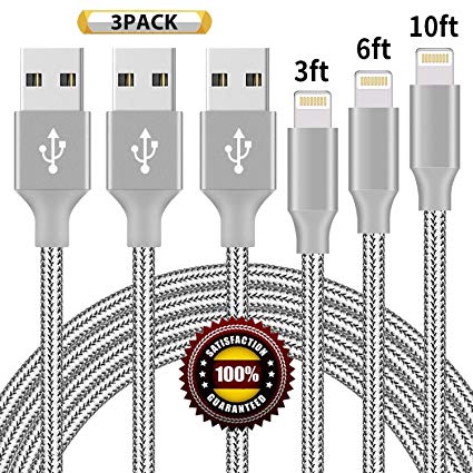 BULESK Phone Cable 3Pack 3FT 6FT 10FT Nylon Braided Phone Charger Cord Compatible with Phone Xs/XS Max/XR/X/Phone 8 8 Plus 7 7 Plus 6s 6s Plus 6 6 Plus Pad Pod Nano - Grey