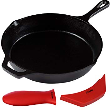 10.25-Inch Cast Iron Skillet Set (Pre-Seasoned), Including Large & Assist Silicone Hot Handle Holders | Indoor & Outdoor Use