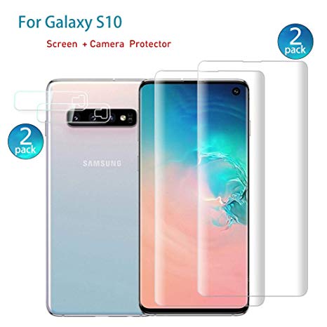 Tempered Glass Screen Protector with Camera Lens Protector for Samsung Galaxy S10, Full Screen Coverage Screen Protector, 3D Curved, HD Clear Anti-Bubble Film with Easy Installation. (2-Suit)