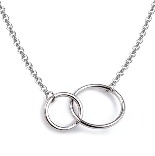 925 Sterling Silver Necklace with interlocking Two Circles Pendant Necklace, 16" 2" Extender