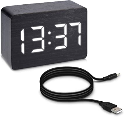 kwmobile Reloj Despertador Digital con Cable USB - Pantalla LED y activación táctil - Indicador de Temperatura y Calendario en Madera y LED Blanca