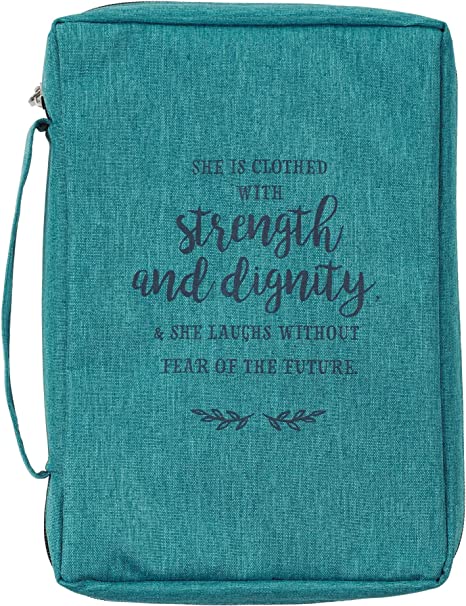 Christian Art Gifts Men/Women's Bible Cover Strength & Dignity Proverbs 31:25, Teal Canvas, Medium