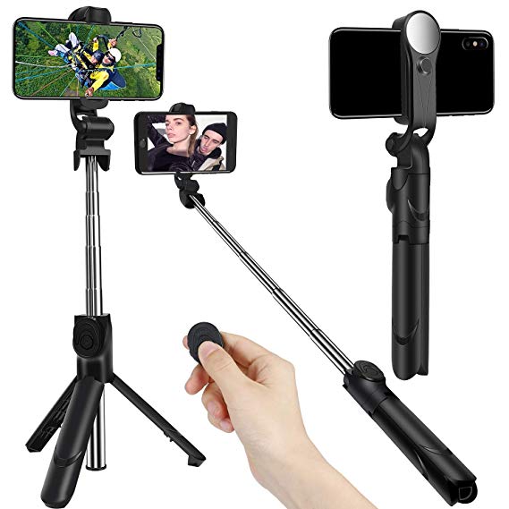 Rusee Selfie Stick,Selfie Stick Tripod Stand with Detachable Wireless Remote and HD Mirror for iPhone,Galaxy,Android,Huawei,More