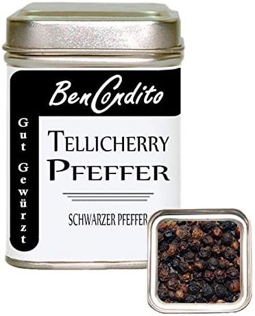 BenCondito I Black Tellicherry Pepper, Whole - Indian Pepper (peppercorns) 80 Gr. Tin