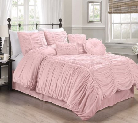 Chezmoi Collection 7-piece Chic Ruched Comforter Set (With Throw Pillows) (Full, Pink)