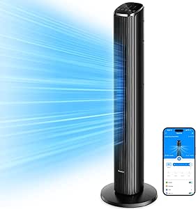 GoveeLife Smart Tower Fan, 27dB Silent Electric Cooling Fan with App & Voice Remote, 75° Oscillating, 5 Modes 8 Speeds up to 6.3m/s, 24H Timer, 36'' Quiet Standing Bladeless Floor Fans for Bedroom