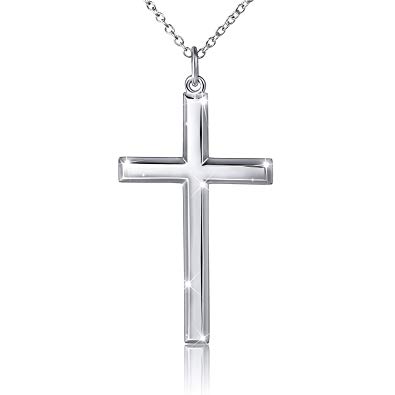 Hollywood Jewelry 14K White Gold Chain Cross Pendant Necklace for Men, Women w/Real Strong Solid Clasp Miami Cuban Link Style