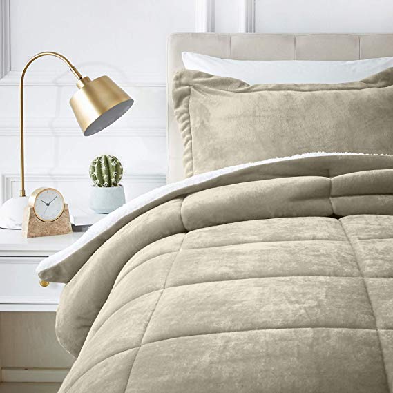 AmazonBasics Micromink Sherpa Comforter Set - Ultra-Soft, Fray-Resistant -  Twin, Taupe