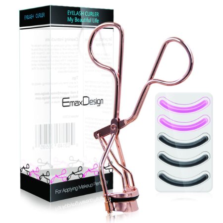 EmaxDesign Pinch & Pain FREE Metal Eyelash Curler - Professional Makeup Tool With 5 Replacement Silicone Refill Pads, Rose Gold Color - Premium Steel. Easy-to-Use to Get Beautiful Eye Lashes.