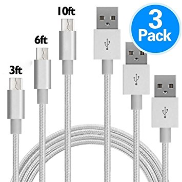 Micro USB Cable, UTHMNE 3-Pack 3FT / 6FT / 10FT (1M/2M/3M) Nylon Braided Android Cable - Micro USB Charging Cables for Samsung, Nexus, LG, Motorola, Android Smartphones and More - Silver