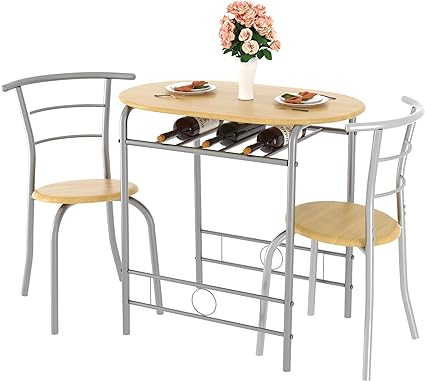 VECELO 3 Piece Small Round Dining Table Set for Kitchen Breakfast Nook, Wood Grain Tabletop with Wine Storage Rack, Save Space, 31.5", Natural & Silver