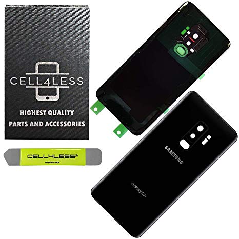 CELL4LESS Compatible Back Glass Cover Back Door w/Pre-Installed Camera Lens - Adhesive-Removal Tool- Camera Lens for Samsung Galaxy S9  Plus - All Models G965 All Carriers- OEM Replacement (Black)