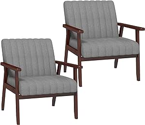 HOMCOM Fabric Accent Chairs Set of 2, Modern Tufted Armchairs for Bedroom, Living Room, Upholstered Lounge Chairs with Wood Legs, Grey