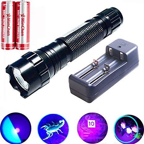 MinChen 501B UV LED Flashlight 5 Mode 395-410nm Rechargeable UV Ultraviolet LED Flashlight Torch 2pc Protected 18650 2000mAh Rechargeable Battery and Dual Slot Universal Charger