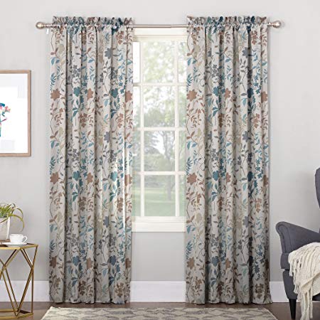 Sun Zero Kara Floral Print Energy Efficient Rod Pocket Curtain Panel, 54" x 63", Stone