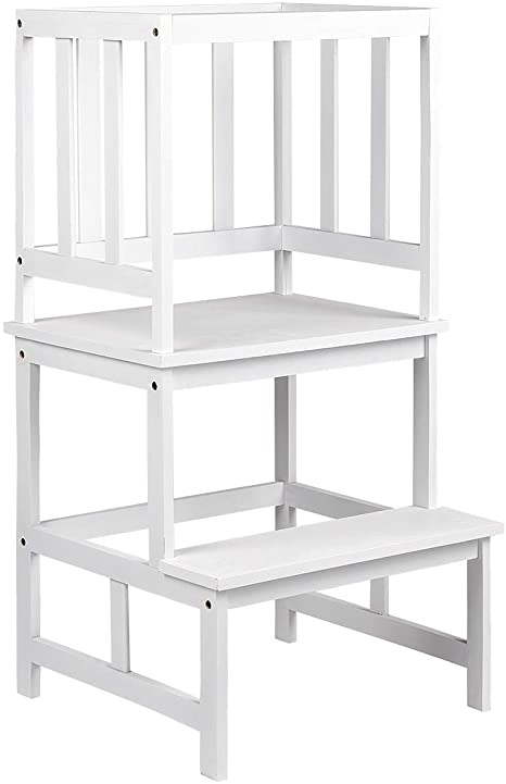 SUNYAO Kids Kitchen Step Stool with Safety Rail Solid Bamboo Construction. Perfect for Toddlers Up 18 Months, White Color