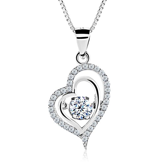 B.Catcher Rhodium-plated 925 Sterling Silver Cubic Zirconia Love Heart Drop Style Pendent Necklace Chain 18" with Free Extended Chain 3.5" (Adjustable: 18" ~ 21.5")