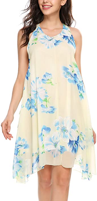 Zeagoo Women Casual V-Neck Sleeveless Prints Chiffon Dress with Lining