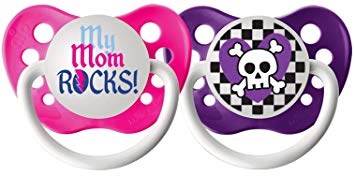 Ulubulu Expression Pacifier Set for Girls, My Mom Rocks and Purple Skull Checker, 6-18 Months