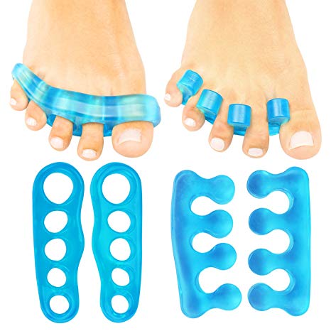 ViveSole Toe Stretchers (4 Pieces) - Silicone Gel Separators - Therapeutic Spa Spreaders for Plantar Fasciitis, Bunions, Overlapping Hammer Toe Spacers - Metatarsal Yoga Cushion (Blue, Small)