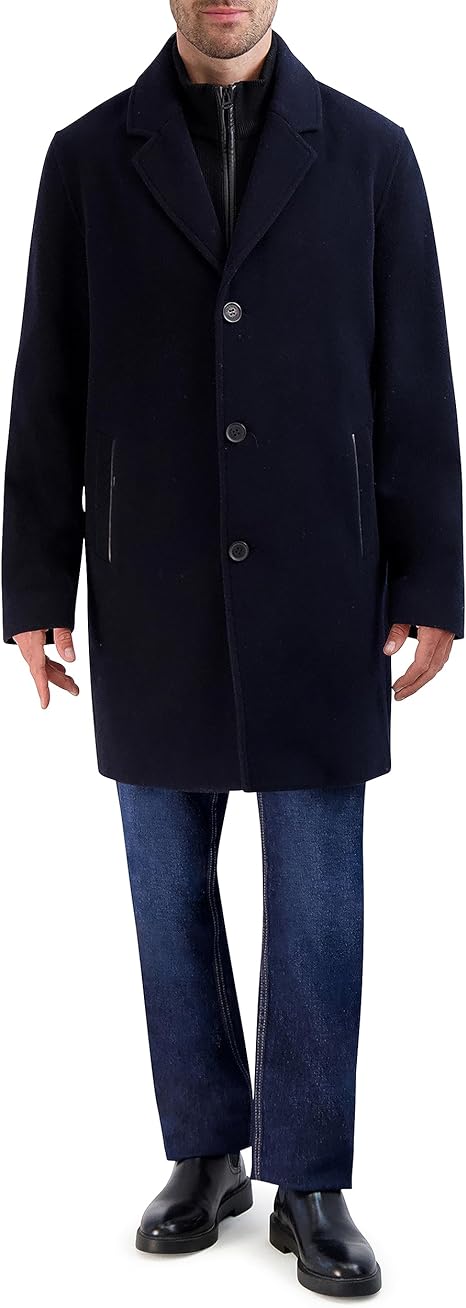 Cole Haan Men's Car Coat with Rib Knit Bib and Faux Leather Detail