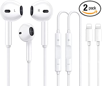 2 Packs Apple Earbuds for iPhone Headphones Wired Earphones (Built-in Microphone & Volume Control)[Apple MFi Certified] Noise Isolating Headsets for iPhone 13/12/11/XR/XS/X/8/7/Support All iOS System