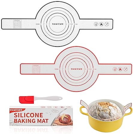 SMARTAKE 2-Pack Silicone Bread Sling for Dutch Oven, Reusable Bread Baking Mats with Long Handles, Include Spatula, Non-Stick Bread Baking Sheet Liners for Transferable Dough Pastry (Red & Black)