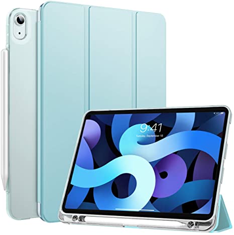 MoKo Case Fit New iPad Air 4th Generation 2020 - iPad 10.9 Case Built-in Pencil Holder, Smart Shell Cover with Translucent Back Corner/Bumper Case for iPad Air 4 2020, Sky Blue