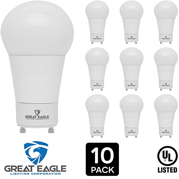 Great Eagle LED A19 Light Bulb with GU24 twist-in base. 14W (100W replacement), 1560 Lumens, Dimmable, UL Listed, Cool White 4000K (10-pack)