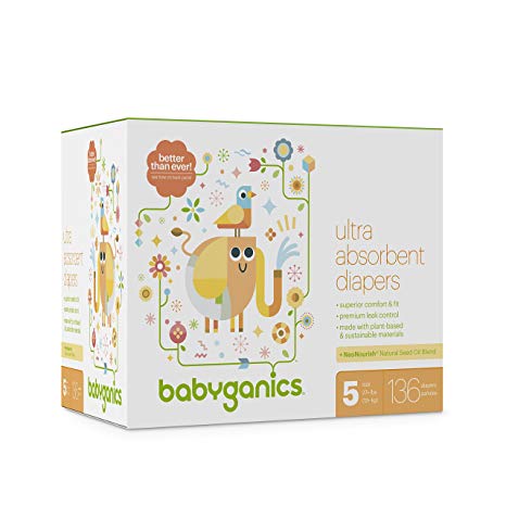 Babyganics Ultra Absorbent Diapers, Size 5, 136 Count