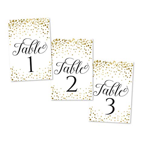 1-25 Gold Glitter Table Number Double Sided Signs for Wedding Reception, Restaurant, Birthday Event, Calligraphy Printed Numbered Card Set Centerpiece Decoration Setting Reusable Frame Stand 4x6 Size