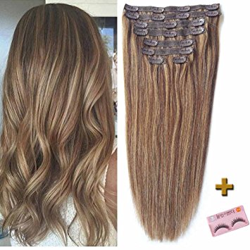 Remy Clip in Hair Extensions, Re4U Balayage Hair Extensions Human Hair Clip in Extensions 18inch Highlight Blonde Multi Color Mixed Chocolate Brown (#4/27 8 pcs 100g/3.5oz)