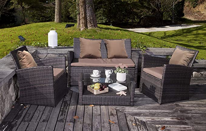 UFI Outdoor Patio Furniture Sets 4 Pieces Rattan Chair Wicker Furniture Conversation Sofa Set with Back Cushions, Outdoor Indoor Backyard Porch Garden Poolside Balcony Use Furniture (Brown)