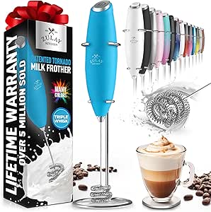 Zulay Kitchen Tornado Whisk Milk Frother Handheld - Coffee Frother Wand With Stand - Triple Whisk Hand Held Mixer - Electric Stirrer Frothing Wand for Latte, Matcha, Protein Powder - Blue Teal